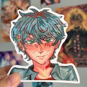 May include: A sticker featuring an anime-style character with blue hair and green eyes. The character has a small flower in their hair and is wearing a teal jacket over a red shirt. The sticker has the text "Don't repost".