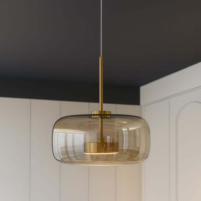 View of Amber Glass Pendant Light: Modern Nordic Kitchen Island Lighting - Etsy