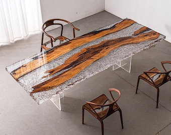 Mesa de comedor River de resina epoxi personalizada: madera de canto vivo y cristal