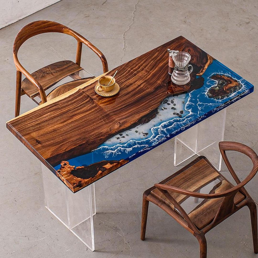 Custom Walnut Ocean Wave Epoxy Resin River Dining Table - Live Edge ...