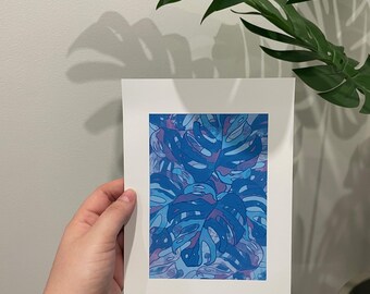 Blue Monstera Leaves Digital Print – Tropical Plant Wall Art | Instant Download | Bold Botanical Poster for Modern Home Decor