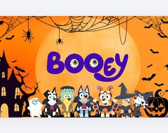 Könnte beinhalten: Eine rechteckige Grafik zum Thema Halloween mit dem violetten Schriftzug BOOEY und Augen-Akzenten. Der Hintergrund ist orange und zeigt ein Spukhaus, Spinnweben, Fledermäuse, Geister, einen Kürbis, einen Grabstein und sieben Zeichentrickhunde.