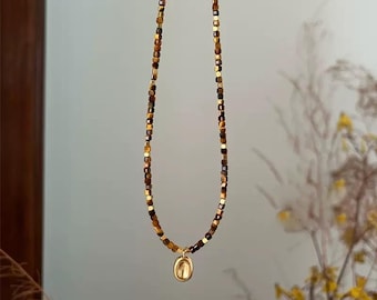Tiger’s Eye Beaded Necklace with Gold Pendant