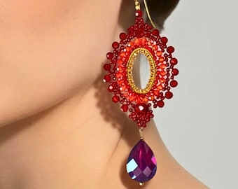 Red Beaded Earrings, Boho Statement Handmade Dangles, Jewelry Gift for Her