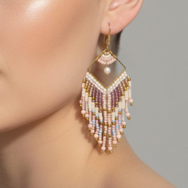 Fringe Earrings Boho – Seed Bead Statement Earrings – Long Beaded – Festival Jewelry Gift for Her