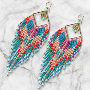 Aztec Beaded Dangle Earrings: Turquoise & Gold Plated Boho Jewelry