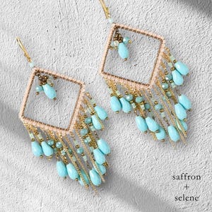 Turquoise Earrings, Gold Chain and Glass Beaded Chandelier Jewelry