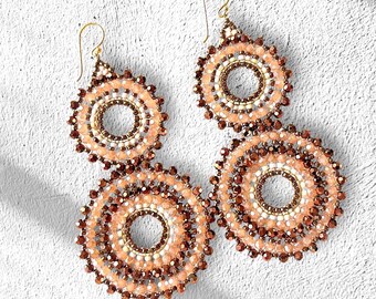 Beaded Crystal Earrings, handmade Boho Dangles in Bronze and Blush