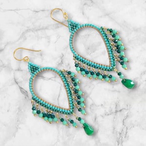 Turquoise Chandelier Earrings, Handmade Jade Statement Jewelry, Luxury Resort Style