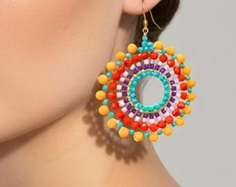 Seed Bead Earrings, Rainbow Colors with 9K Gold-Plated Hooks