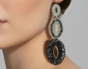 Black Silver Statement Earrings Beaded Long Dangle Evening Jewelry Gift