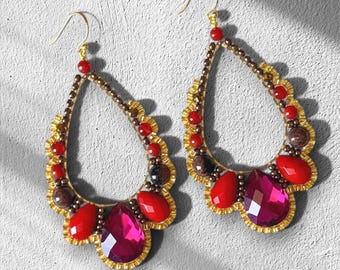 Red Crystal Teardrop Earrings – Statement Drop Gold Dangles – Elegant Handmade Jewelry