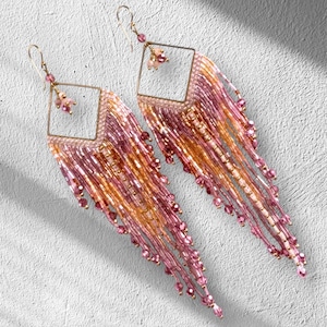 Beaded Fringe Earrings: Long Boho Bird Wing Style, Lilac & Gold - jewelry gift for her