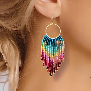 Beaded Fringe Statement Earrings: Rainbow Ombre Boho Jewelry Gifts
