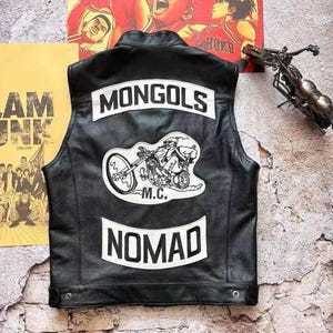 Mongols NOMAD motorcycle club embroidered black leather vest,vintage café racer biker vest,perfect gift for bikers