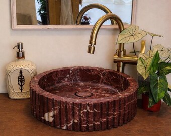Handgefertigtes Rosso Levante Marmor Waschbecken - Geriffeltes Rotes Luxus Aufsatzbecken