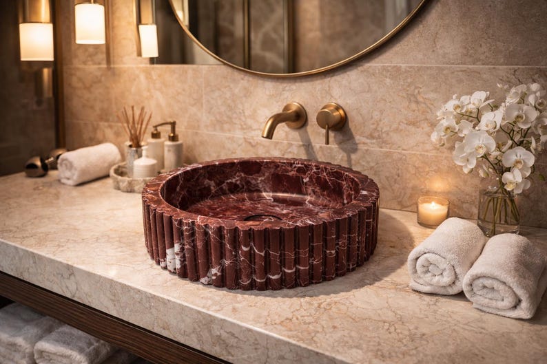 Peut inclure: Un &eacute;l&eacute;gant lavabo en marbre rouge avec un design cannel&eacute;. Le lavabo est pos&eacute; sur un comptoir en marbre, avec une robinetterie dor&eacute;e et un miroir. Des serviettes blanches roul&eacute;es, des bougies et des orchid&eacute;es compl&egrave;tent le d&eacute;cor.