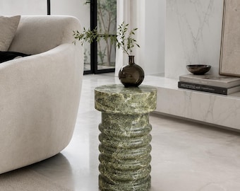 Green Forest Marble Pedestal Side Table | Solid Stone Accent Furniture