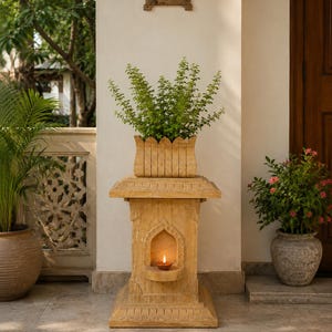 Sandstone Tulsi Pot Stand | Handcrafted Outdoor Planter | Hindu Puja Tulsi Vrindavan
