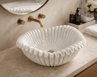 Lavabo de mármol estriado artesanal / Lavabo de piedra blanca