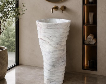 Lavabo artisanal en marbre blanc sur pied | Meuble-lavabo autoportant de luxe