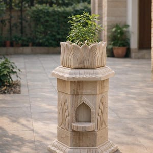 Traditional Hand Carved Stone Tulsi Pot | Handcrafted Tulsi Vrindavan Planter