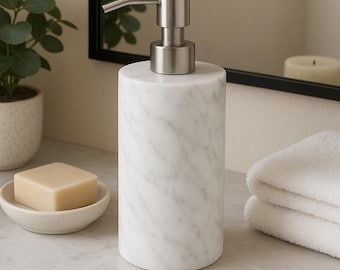 White Marble Soap Dispenser | Modern Bathroom Accessory | Refillable Lotion Dispenser | Luxury Home Decor