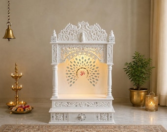 Handcrafted White Marble Mandir | Pooja Temple for Home | Hindu Marble Temple | Luxury Mandir with Inlay Work | Indian Home Decor