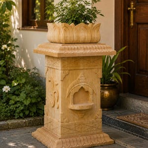 May include: A beige stone planter with a lotus-shaped top, filled with green plants. The planter sits atop a carved pedestal with intricate designs. A decorative piece for outdoor spaces.