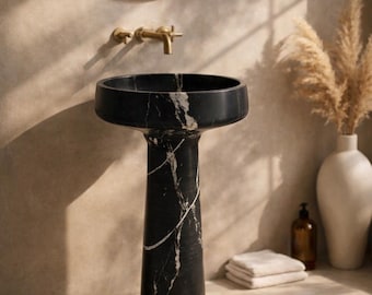Lavabo sur pied en marbre noir Marquina - Lavabo de luxe fait main