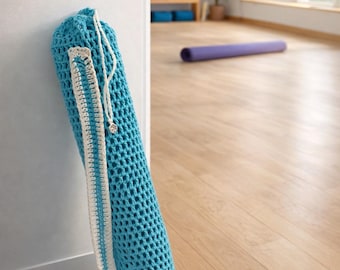 Crocheted Yoga Mat Bag with Strap, Handmade Mesh Yoga Mat Carrier, Boho Yoga Bag, Cotton Crochet Gym Bag, Gift for Yogi, Exercise Mat tote