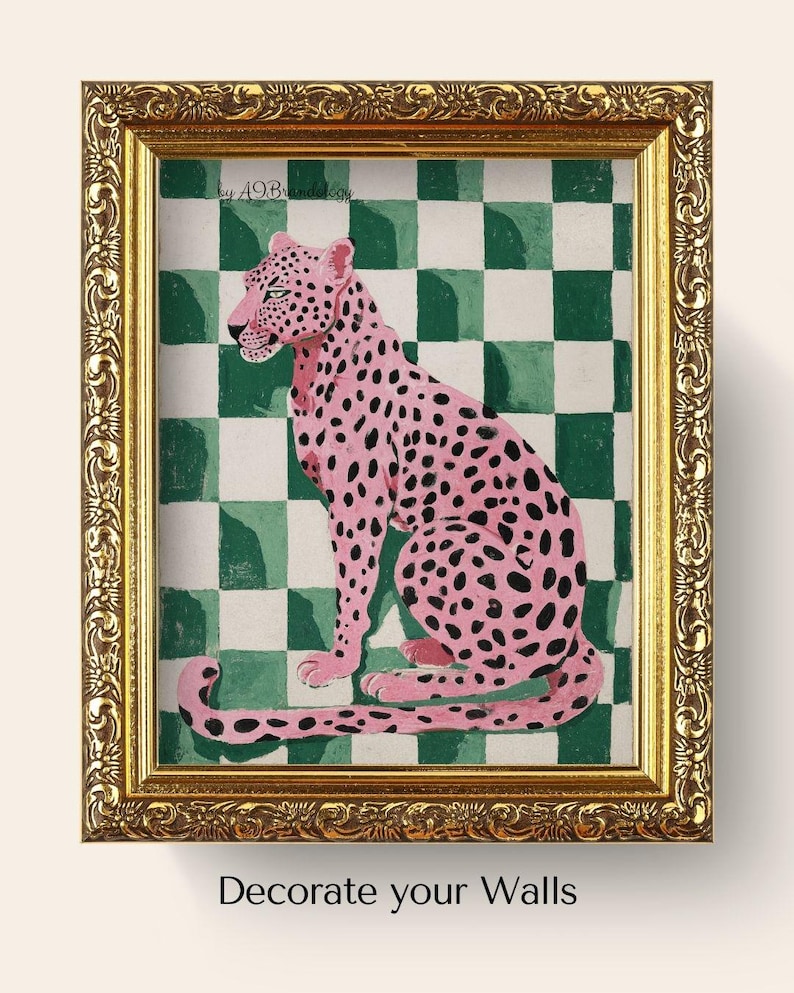 Pink Leopard Wall Art | Green Checkerboard Animal Print | Maximalist ...