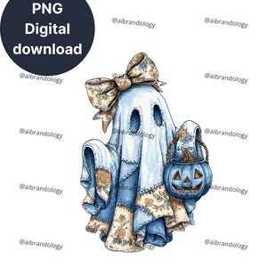 May include: A digital download image of a friendly ghost in a blue and floral patchwork outfit, holding a blue jack-o'-lantern bucket. The ghost has a floral bow and is ready for Halloween. The image includes the text "PNG Digital download".