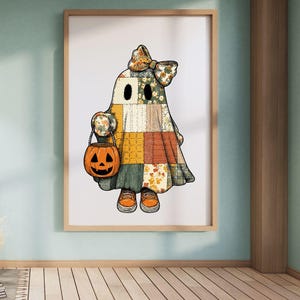 Coquette Patchwork Ghost PNG, Retro Halloween Pumpa Clipart, Cottagecore Quilt Ghost Sublimation Design, Spooky Season Digital Nedladdning bild 5