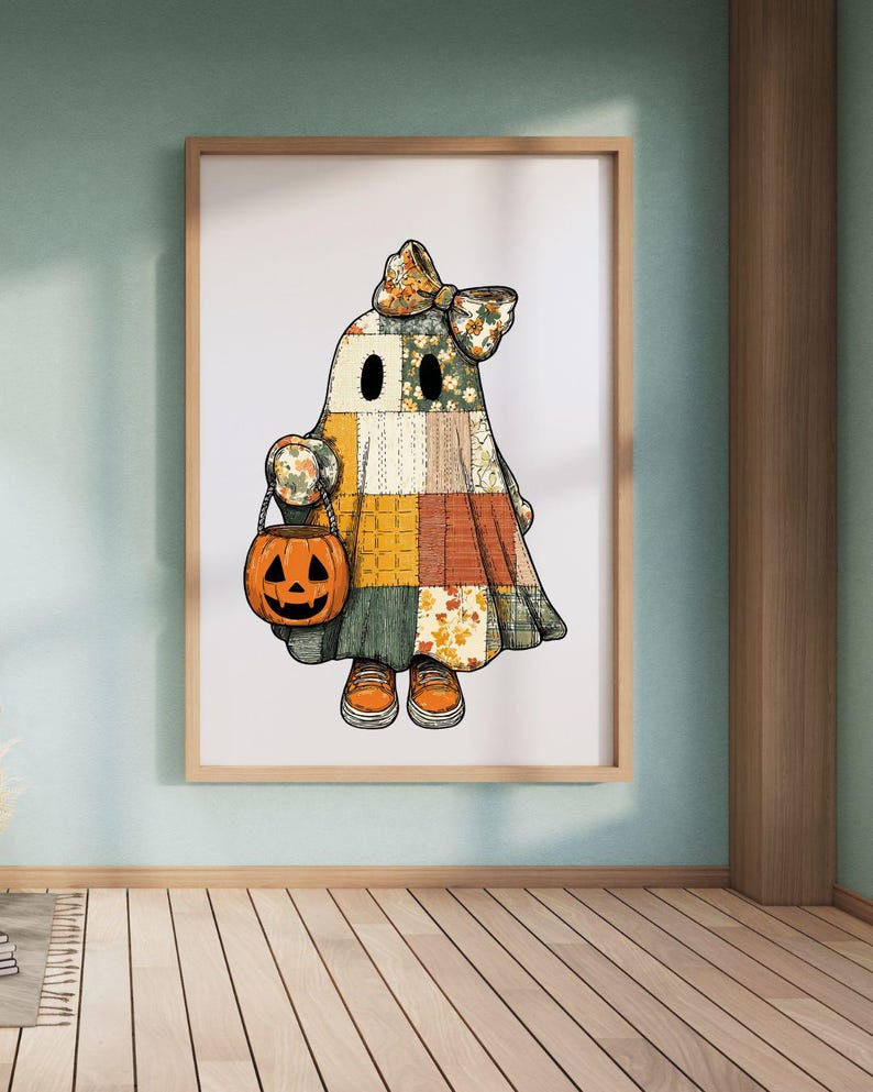 Coquette Patchwork Ghost PNG, Retro Halloween Pumpa Clipart, Cottagecore Quilt Ghost Sublimation Design, Spooky Season Digital Nedladdning bild 5