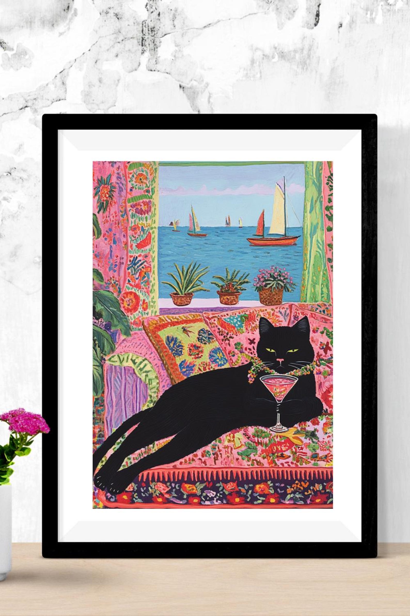 Black Cat Cocktail Art Print: Retro Eclectic Bar Decor (digital ...