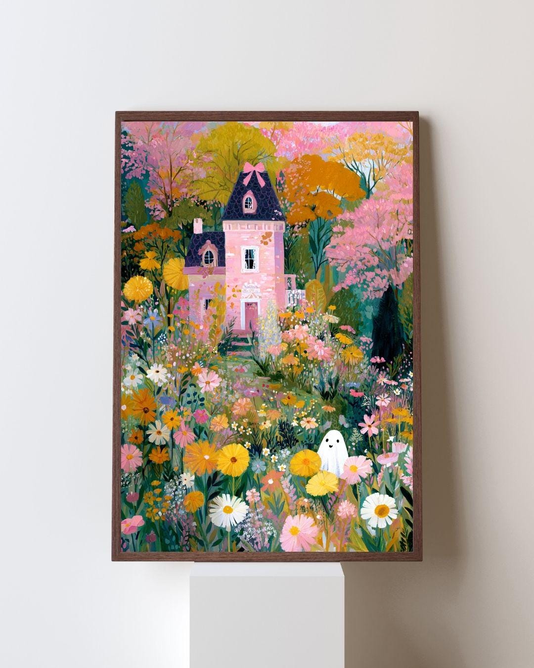 Cute Ghost Cottage Wall Art, Pink House Floral Print, Whimsical ...