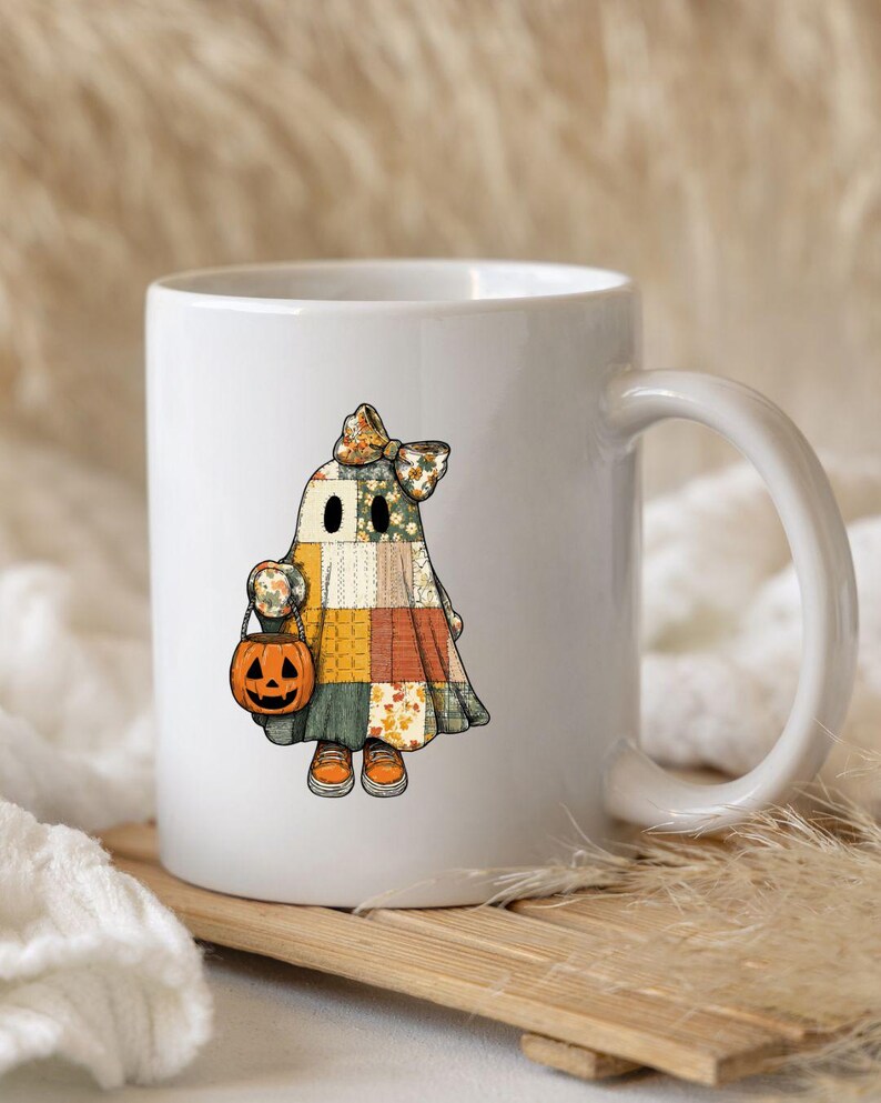 Coquette Patchwork Ghost PNG, Retro Halloween Pumpa Clipart, Cottagecore Quilt Ghost Sublimation Design, Spooky Season Digital Nedladdning bild 7