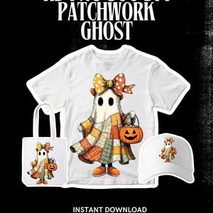 May include: White t-shirt, tote bag, and baseball cap featuring a patchwork ghost design. The ghost wears a bow and holds a jack-o'-lantern bucket. The design includes orange, yellow, and brown colors, perfect for Halloween.