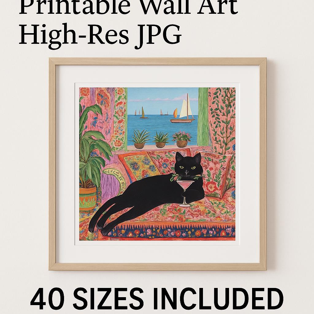 Black Cat Cocktail Art Print: Retro Eclectic Bar Decor (digital ...
