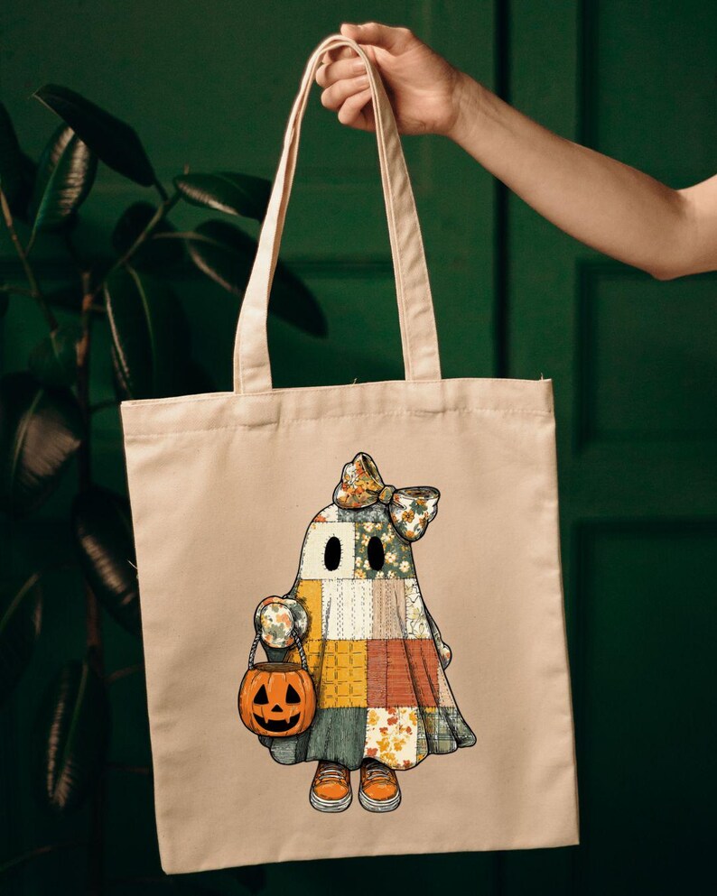Coquette Patchwork Ghost PNG, Retro Halloween Pumpa Clipart, Cottagecore Quilt Ghost Sublimation Design, Spooky Season Digital Nedladdning bild 6