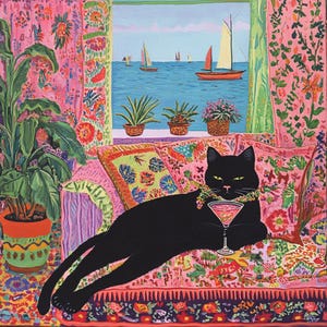 Black Cat-cocktailkunstprint – Retro barwagendecor, vintage-geïnspireerd olieverfschilderij, eclectische schattige kat muurkunst