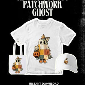Coquette Patchwork Ghost PNG, Retro Halloween Pumpa Clipart, Cottagecore Quilt Ghost Sublimation Design, Spooky Season Digital Nedladdning bild 3