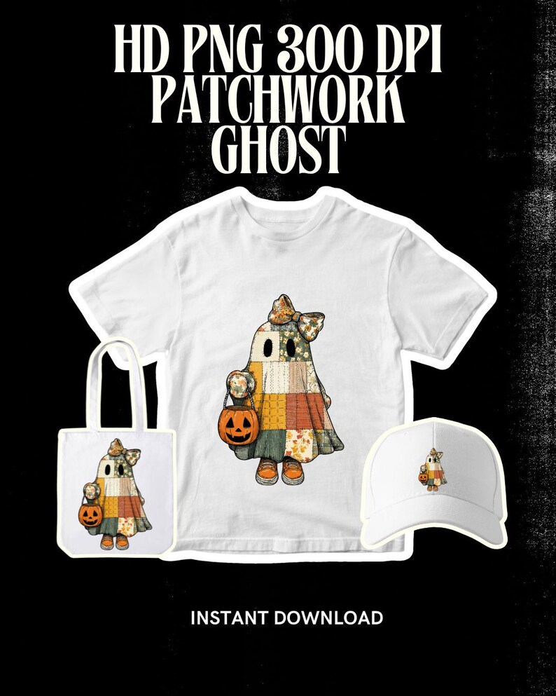 Coquette Patchwork Ghost PNG, Retro Halloween Pumpa Clipart, Cottagecore Quilt Ghost Sublimation Design, Spooky Season Digital Nedladdning bild 3
