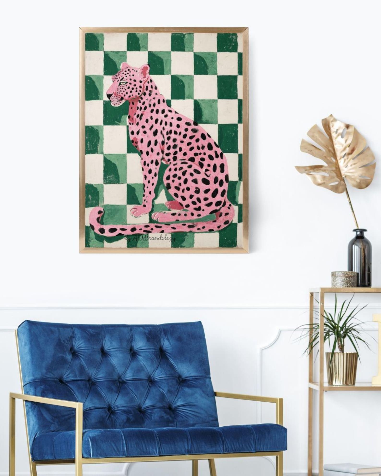 Pink Leopard Wall Art | Green Checkerboard Animal Print | Maximalist ...