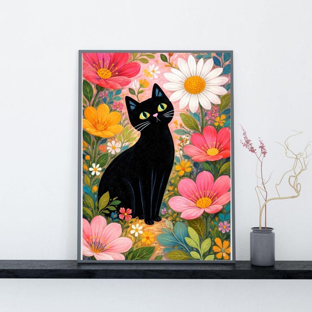 Black Cat Floral Wall Art Printable – Pink Botanical Cat Print ...