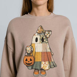 Coquette Patchwork Ghost PNG, Retro Halloween Pumpa Clipart, Cottagecore Quilt Ghost Sublimation Design, Spooky Season Digital Nedladdning bild 8