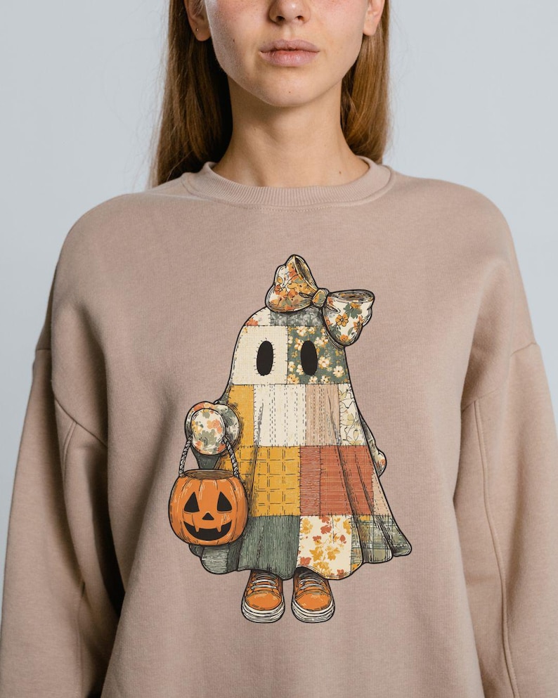 Coquette Patchwork Ghost PNG, Retro Halloween Pumpa Clipart, Cottagecore Quilt Ghost Sublimation Design, Spooky Season Digital Nedladdning bild 8