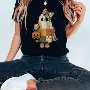 Coquette Patchwork Ghost PNG, Retro Halloween Pumpa Clipart, Cottagecore Quilt Ghost Sublimation Design, Spooky Season Digital Nedladdning bild 2