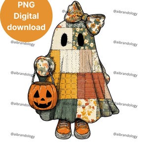 May include: A digital illustration of a patchwork ghost holding a jack-o'-lantern bucket. The ghost is made of various fabric patterns and colours, with orange trainers and a matching bow. The image includes the text "PNG Digital download".